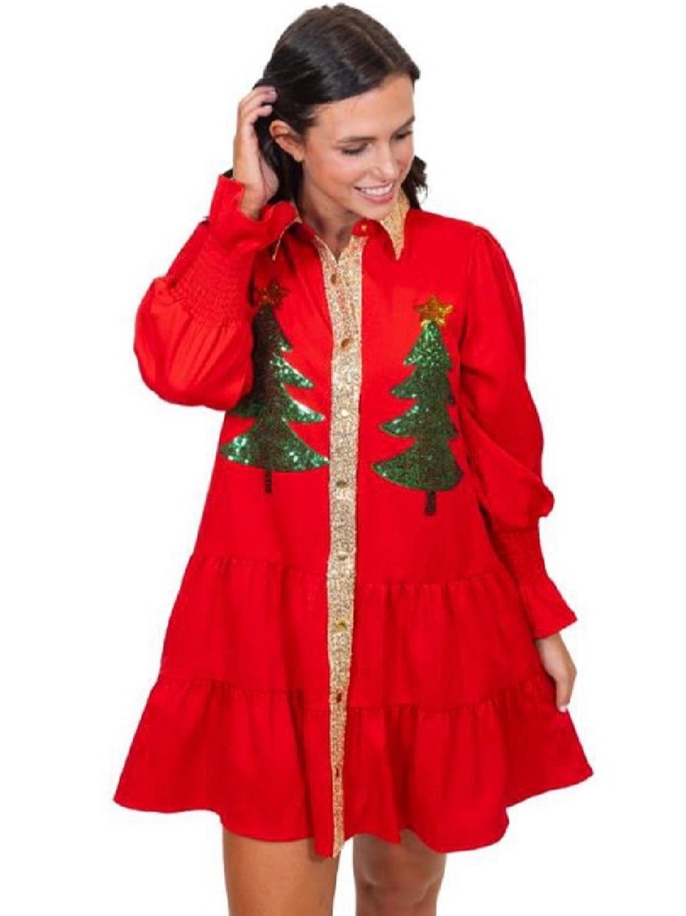 Red Sequin Christmas Tree Tiered Midi Dress